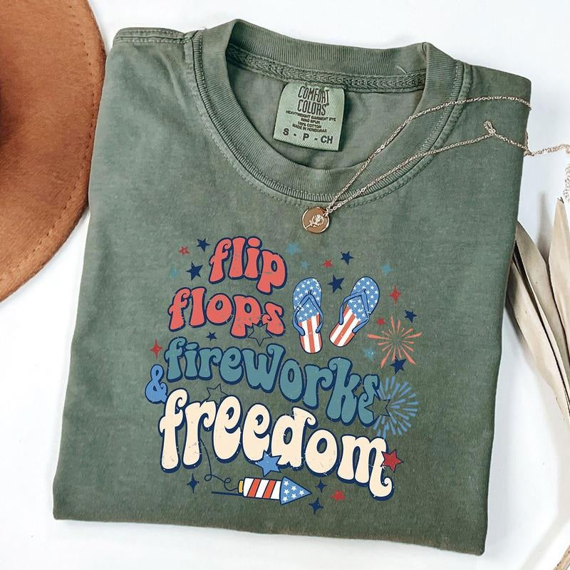 Comfort Colors Flip Flops Fireworks Freedom Shirt, Patriotic Tee, Fourth of July Shirt, 4th of July Shirt, Independence...