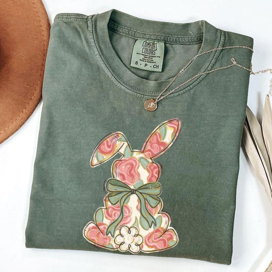 Comfort Colors Floral Easter Shirt, Coquette Bow Easter T-shirt, Rabbit Shirt, Easter Shirts for Women Hoodie, Sweatshirt