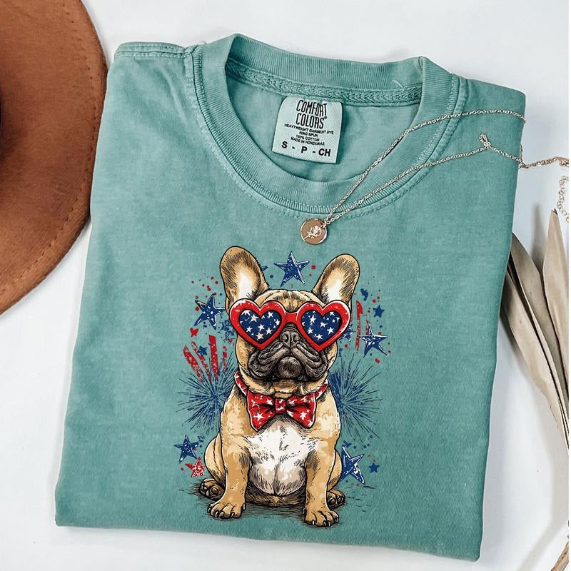 Comfort Colors French Bulldog Shirt, Patriotic Dog Shirt, Fourth Of July Dog T-Shirt, Dog Wearing Stars And Stripes Bow,...