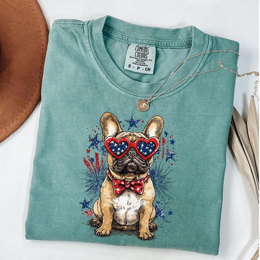 Comfort Colors French Bulldog Shirt, Patriotic Dog Shirt, Fourth Of July Dog T-Shirt, Dog Wearing Stars And Stripes Bow,...