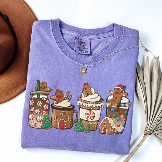 Comfort Colors Gingerbread Christmas Coffee Shirt, Cute Christmas Coffee Lover Gift, Retro Womens Christmas Gift Hoodie,...