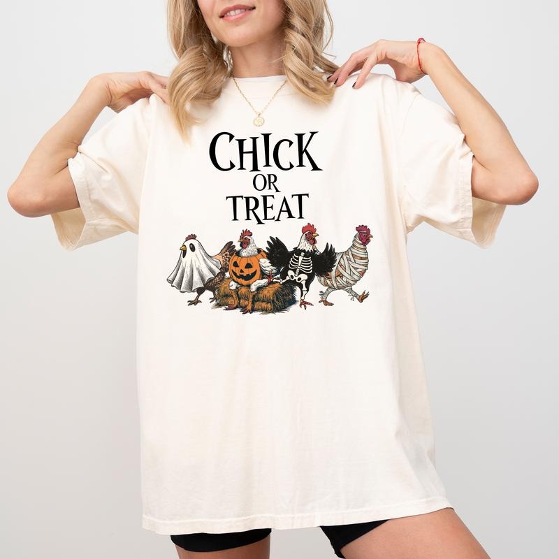 Comfort Colors Halloween Chick or Treat Shirt, Ghost Chicken Graphic Printed Tee, Halloween Funny Chicken Unisex Shirt,...