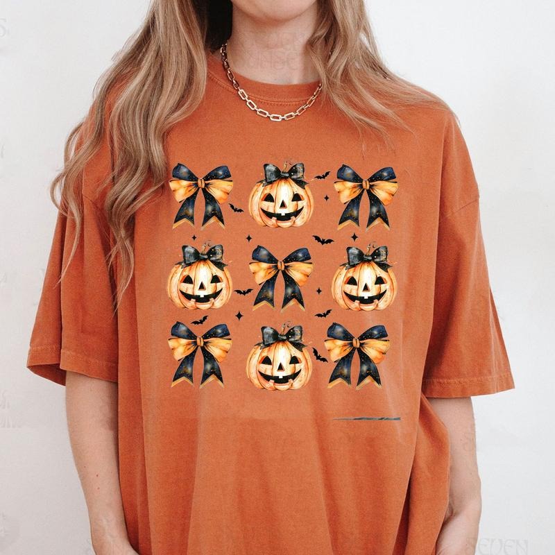 Comfort Colors Halloween Pumpkin Shirt, Coquette Bow Halloween Shirt, Spooky Season Shirt, Halloween Shirt, Pumpkin Shirt...