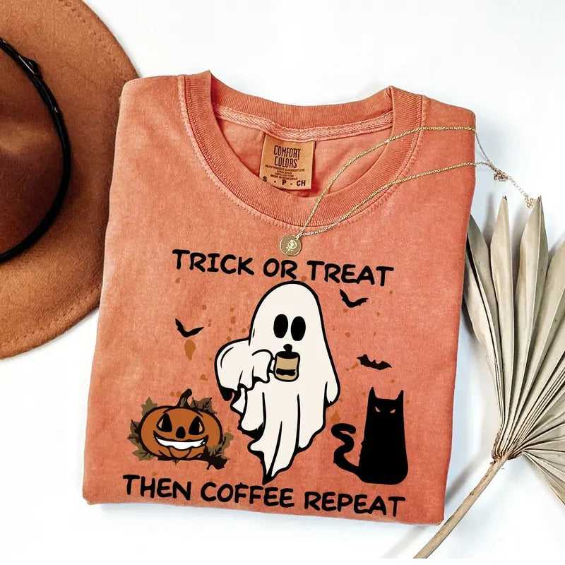 Comfort Colors Halloween Trick or Treat Shirt, Halloween Coffee Lover Shirt, Halloween Party Shirt, Fall Graphic Tee,...