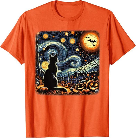Comfort Colors Halloween Van Gogh Starry Night Black Cat Pumpkins Bats T-Shirt Hoodie, Sweatshirt | WearSparks.com