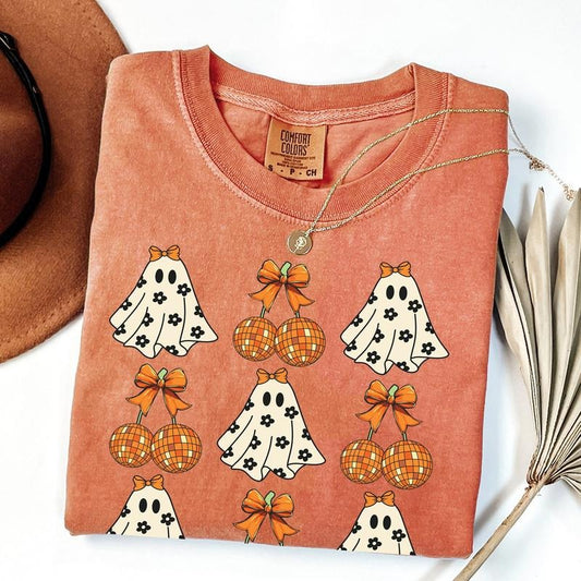 Comfort Colors Halloween Сute Ghost Coquette Disco Cherry Shirt, Spooky Season Shirt, Halloween Women T Shirt, Halloween...