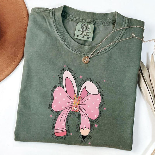 Comfort Colors Happy Teacher Coquette Bow Easter Bunny Shirt, Teacher Easter Shirt, Teacher Appreciation Gift Hoodie,...
