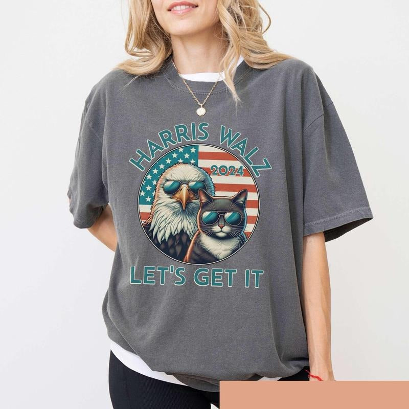 Comfort Colors Harris Walz Get it Done Shirt, 2024 Presidential Election Tshirt Eagle Cat Graphic Patriotic Tee Political...