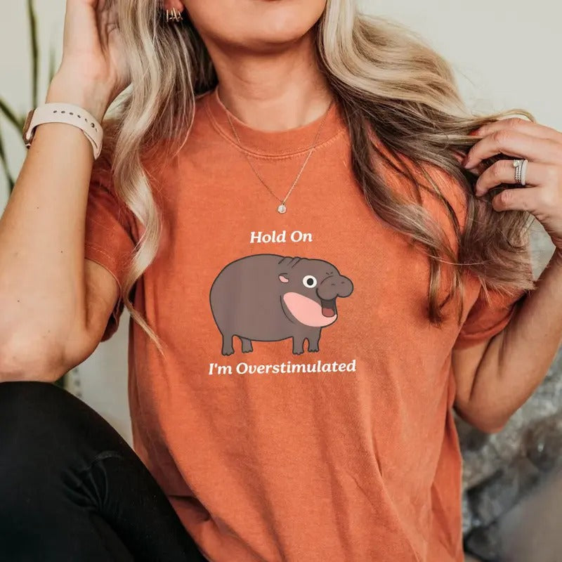 Comfort Colors Hold On I'm Overstimulated Shirt, Moo Deng Shirt, Baby Hippo Shirt Hoodie, Sweatshirt | WearSparks.com