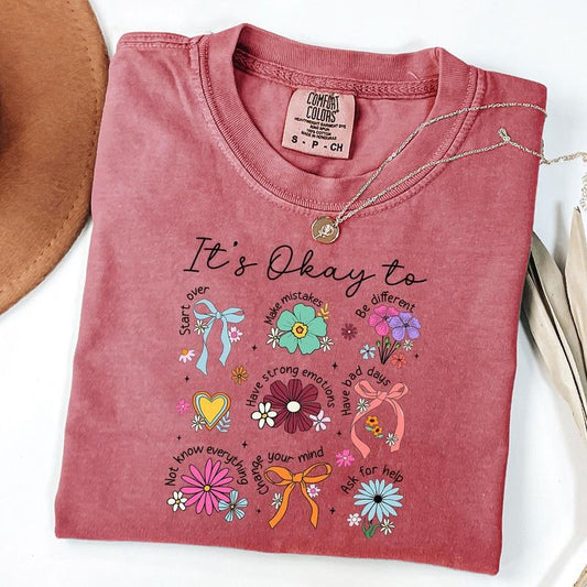 Comfort Colors It's Okay To Boho Floral Shirt, Mental Health Shirt, Coquette Bow Shirt, Motivational T-Shirt,...