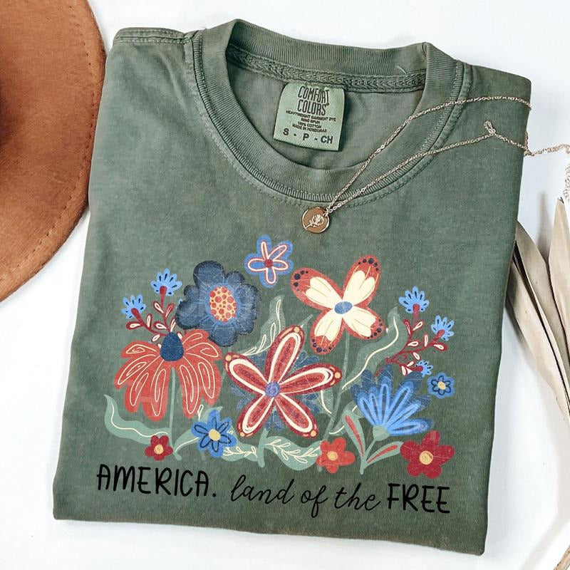 Comfort Colors Land Of The Free Shirt, Floral America T-Shirt, 4th Of July Tee, Unisex T-Shirt Hoodie, Sweatshirt