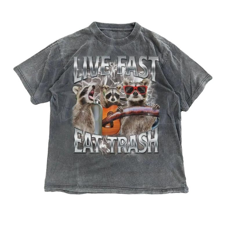 Comfort Colors Live Fast Eat Trash 90s Style Graphic T-Shirt, Retro Raccoon Shirt, Trendy Funny Shirts, Adult Unisex...