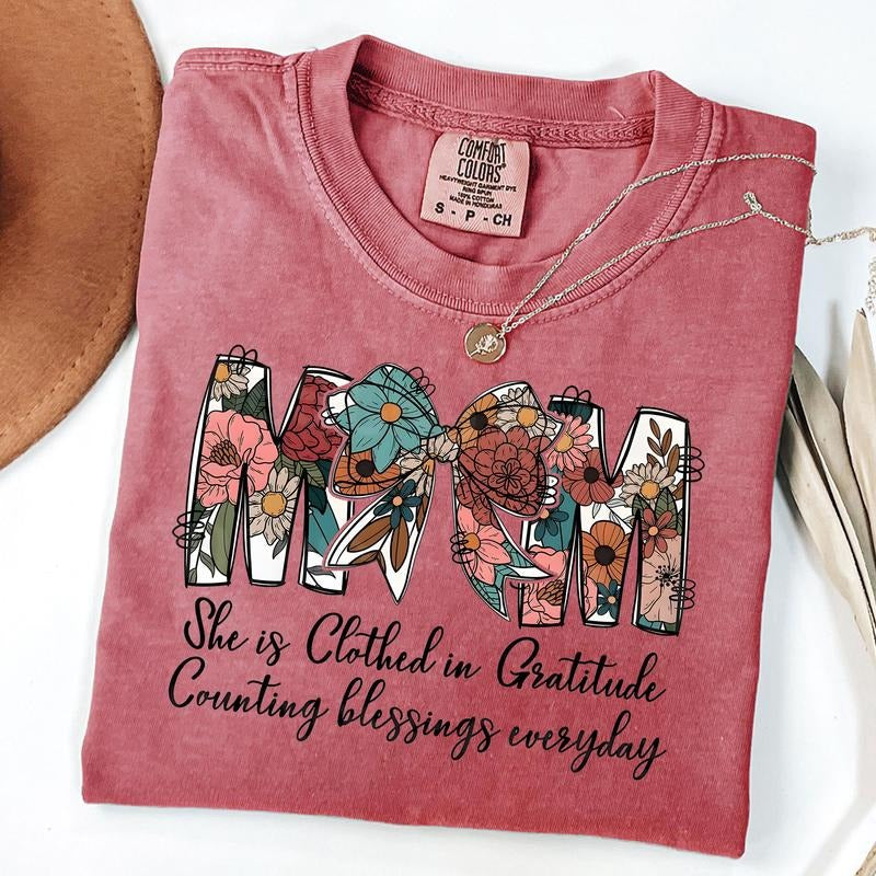 Comfort Colors Mama Coquette Bow Shirt, Mom She is Clothed in Gratitude Counting Blessings Every Day Shirt, Wildflowers...