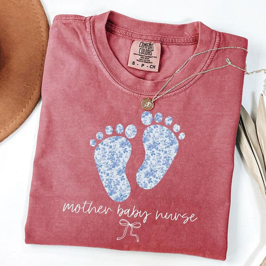 Comfort Colors Mother Baby Nurse Shirt, Toile De Jouy Mother Baby Unit T-Shirt, Coquette Postpartum Nurse Gift, RN Grad...