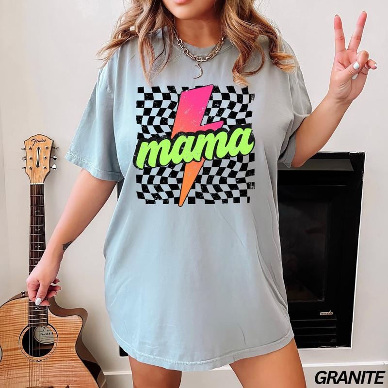 Comfort Colors Neon Mama Shirt, Checkered Mama Shirt, Mothers Day Gift, Retro Checkered Mom Tshirt, Gift for Her Hoodie,...