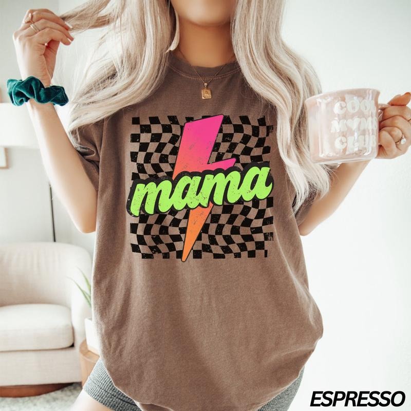 Comfort Colors Neon Mama T-Shirt, Checkered Mama T-Shirt, Lightning BolT-Shirt, Mothers Day Gift, Retro Checkered Mom...