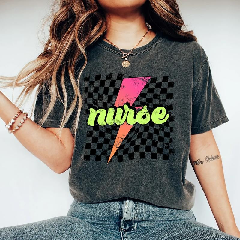 Comfort Colors Neon Nurse T-shirt, Retro Checkered Nurse Shirt, Nurse Life, Registered Nurse Hoodie, Sweatshirt