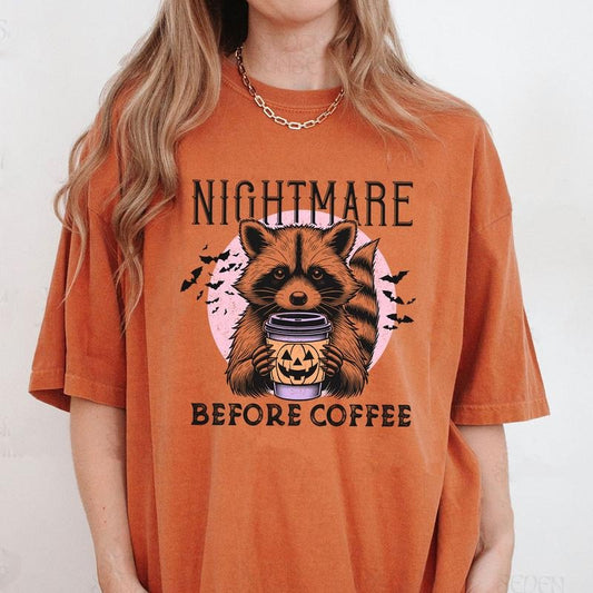 Comfort Colors Nightmare Before Coffee Shirt, Halloween Raccoon T-Shirt, Raccoon Coffee T-Shirt, Funny Raccoon Shirt...
