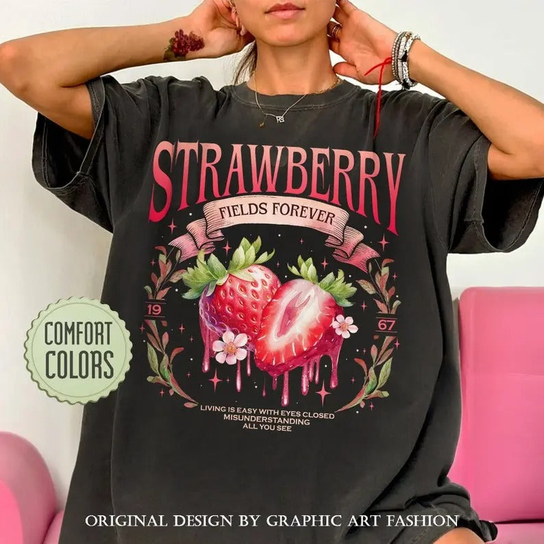 Comfort Colors Old School Band Tee, Cute Strawberry Shirt, Beatle Strawberry Fields Shirts Womenswear Cotton Fabric...