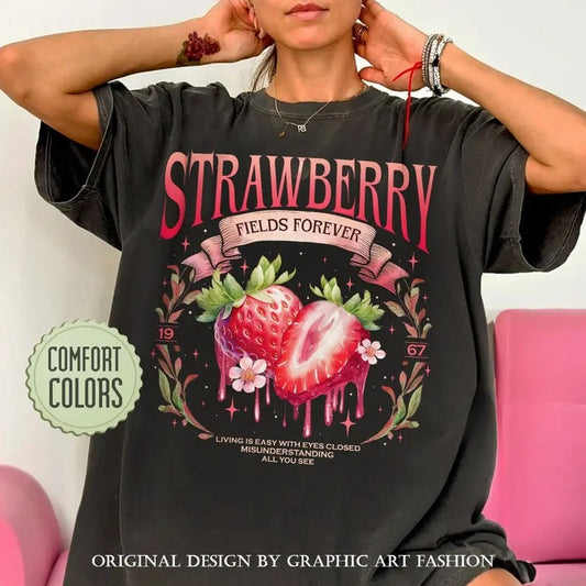 Comfort Colors Old School Band Tee, Cute Strawberry Shirt, Beatle Strawberry Fields Shirts Womenswear Cotton Fabric...