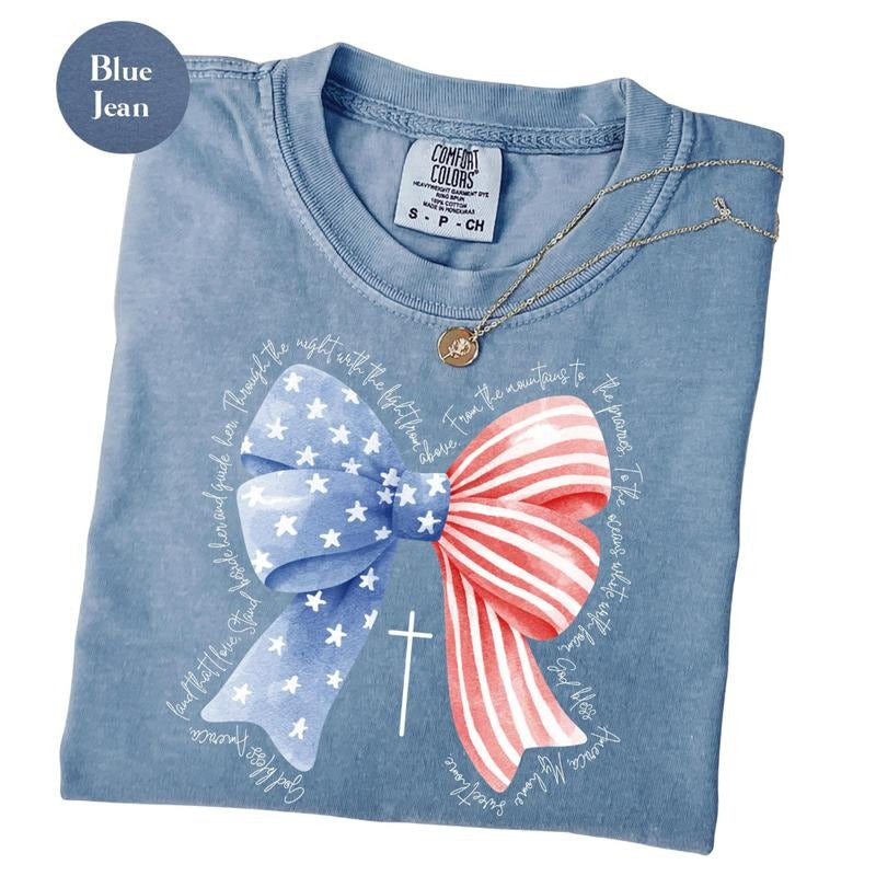 Comfort Colors Patriotic Bow Tee, God Bless America Shirt, 4th of July Apparel, Women's Patriotic Top Hoodie, Sweatshirt