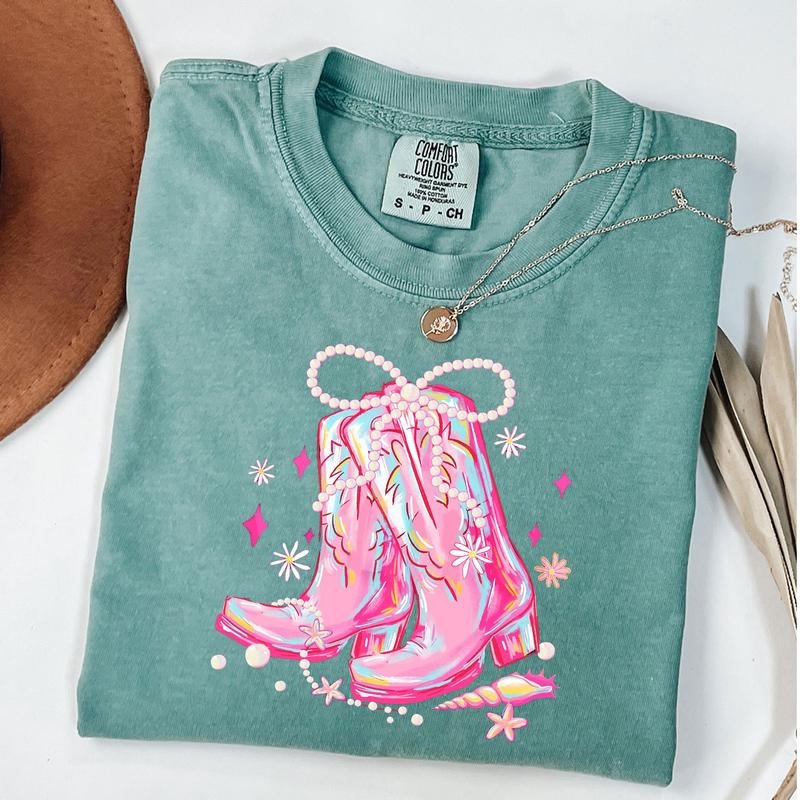 Comfort Colors Pearl Bow Cowgirl Boots Shirt, Summer Vibes Tee, Western Summer T-Shirt, Girly Summer Cowgirl Shirt...