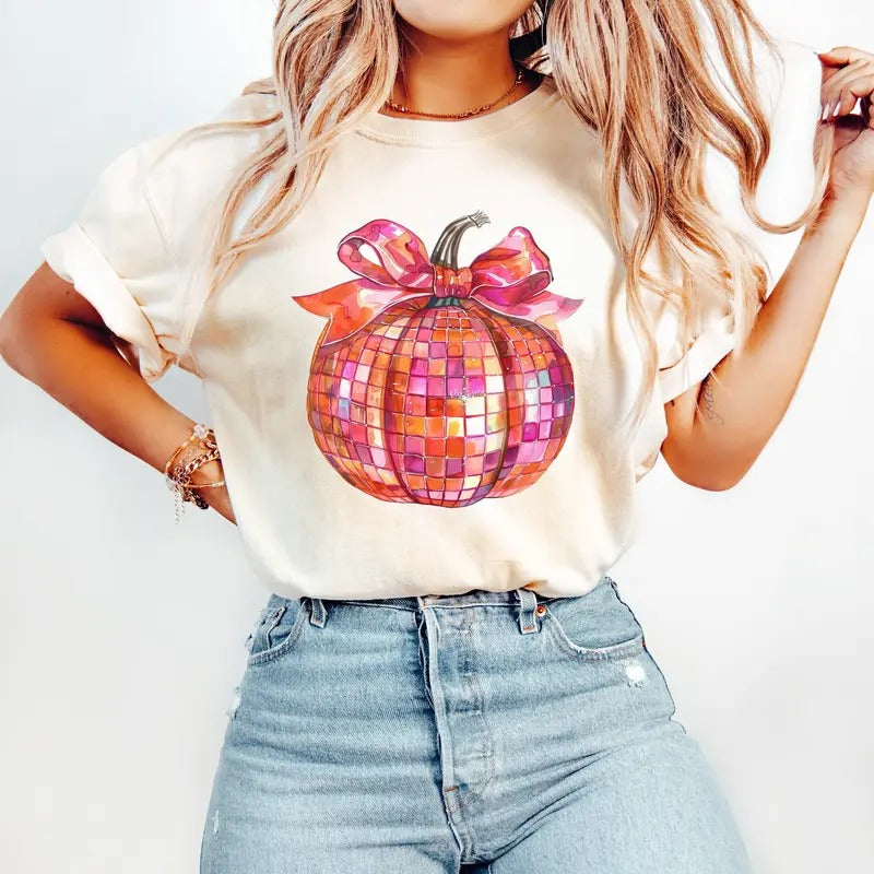 Comfort Colors Pink and Orange Disco Ball Pumpkin Shirt, Cute Halloween Shirt, Fall Pumpkin Shirt Hoodie, Sweatshirt