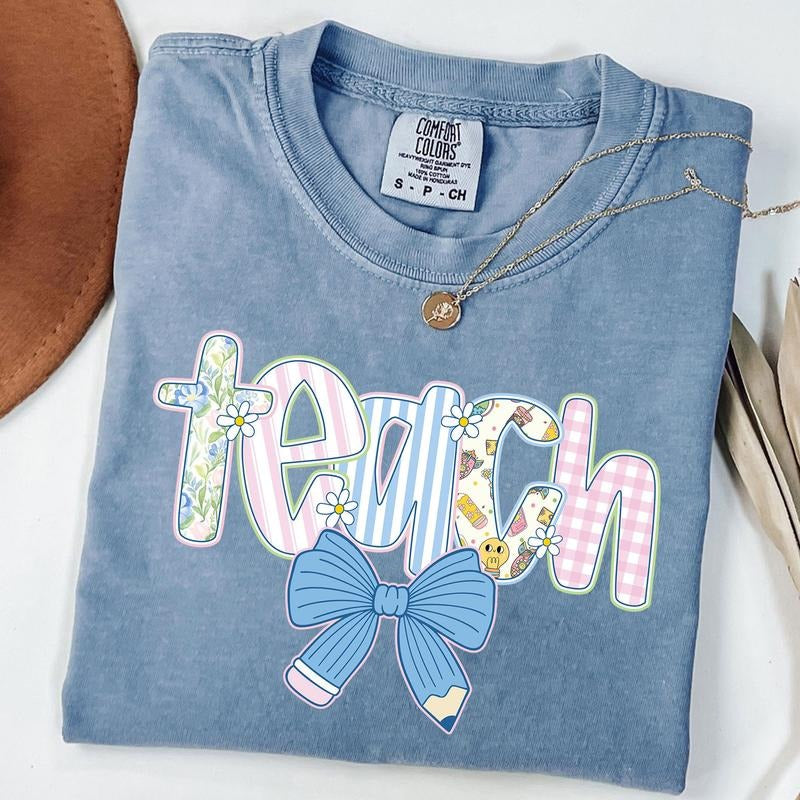 Comfort Colors Preppy Teacher Floral Coquette Shirt, Teach Blue Floral T-Shirt, Checkered Teacher Shirt, Pencil Bow...