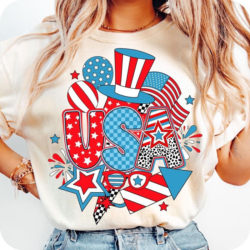 Comfort Colors Preppy USA T-Shirt, Retro 4th of July T-Shirt, America Coquette TShirt, usa 1776 T-Shirt, Girly Memorial...