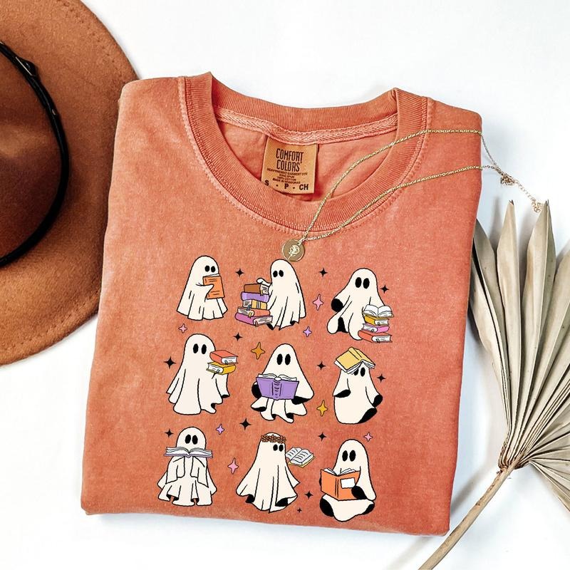 Comfort Colors Reading Books Ghost Shirt, Books Lover Halloween Shirt Womens Ghost Shirt, Spooky Teacher Shirt, Spooky...