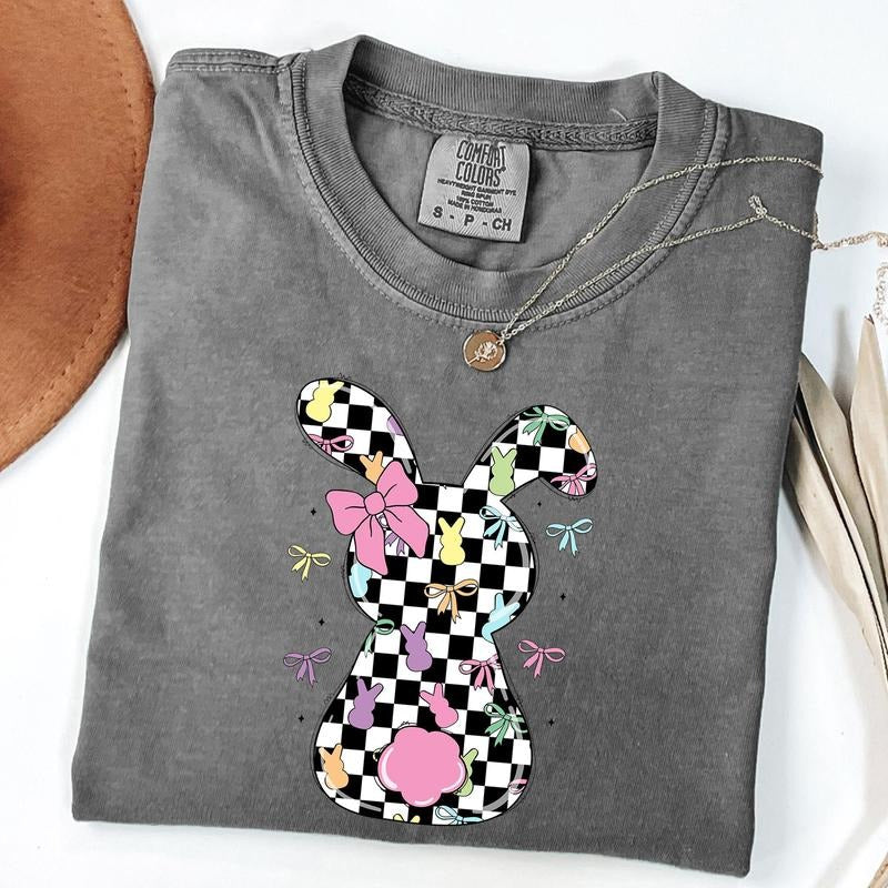 Comfort Colors Retro Checkered Easter Coquette Bow T-shirt, Easter Bow Shirt, Easter Bunny Shirt, Unisex T-Shirt Hoodie,...