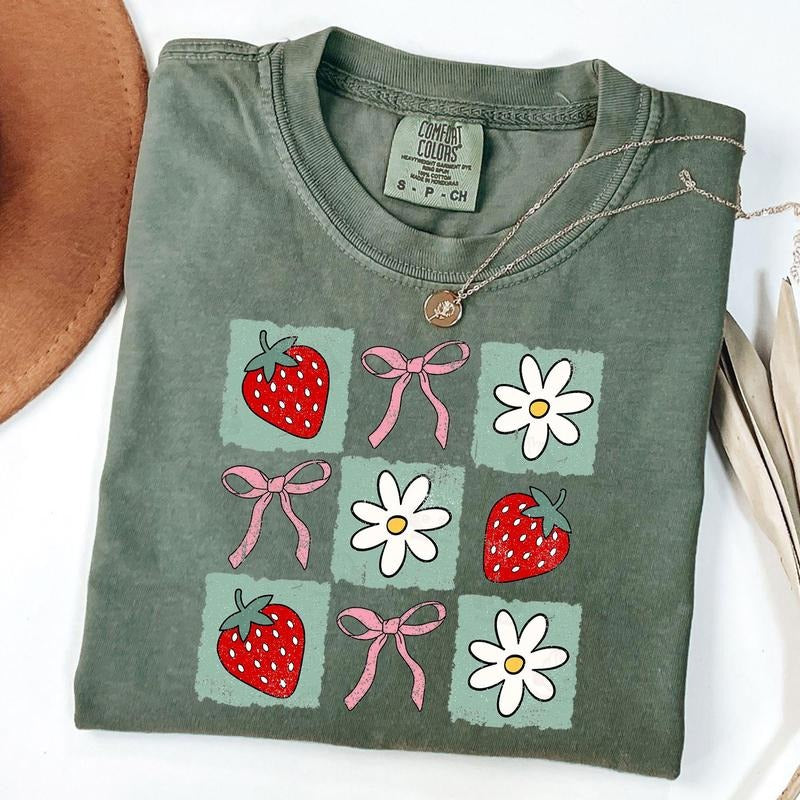 Comfort Colors Retro Checkered Strawbery Coquette Shirt, Boho Floral Tee, Strawberry Festival T-Shirt, Strawberry Mama...