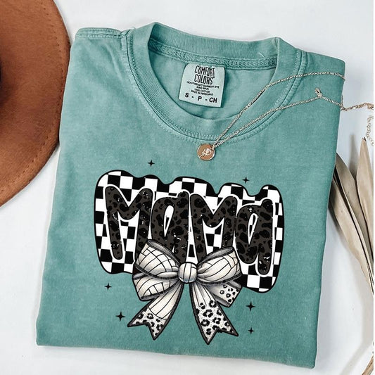 Comfort Colors Retro Volleyball Mama Shirt, Volleyball Coquette Shirt, Game Day Volleyball Bow T-shirt, Checkered Mama...