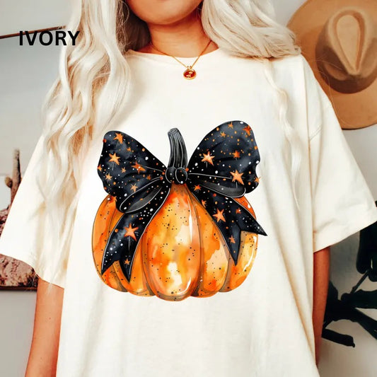 Comfort Colors Shirt, Fall Pumpkin with Black Bow Shirt, Comfort Colors Fall Shirt, Halloween Graphic Shirt,Casual Shirt...