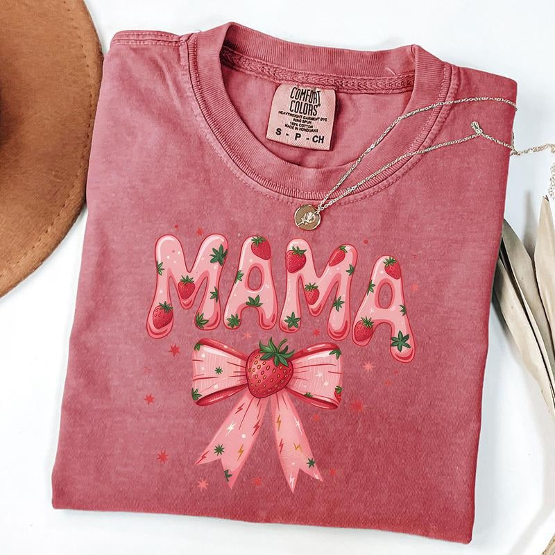 Comfort Colors Strawberry Mama Shirt, Strawberry Mom Tee, Coquette Mama Bow T-Shirt, Mothers Day Gift Hoodie, Sweatshirt