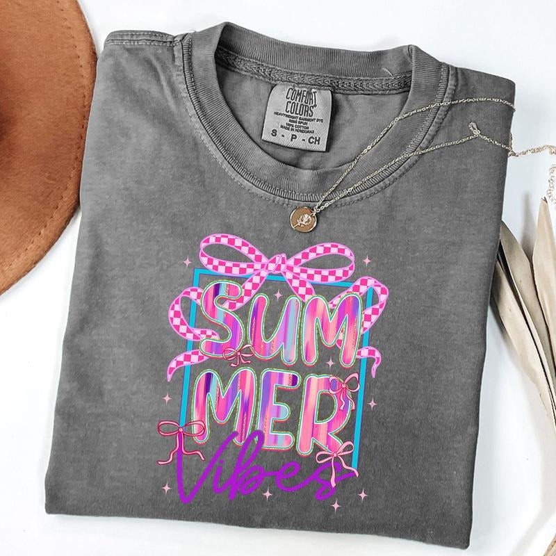 Comfort Colors Summer Vibes Coquette Shirt, Retro Summer Shirt, Beach, Summer Checkered T-Shirt, Unisex T-Shirt Hoodie,...