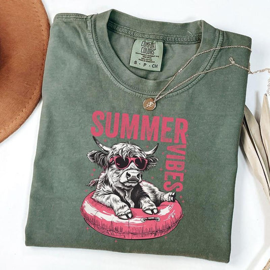Comfort Colors Summer Vibes T-Shirt, Highland Cow Tee, Summer Cow Shirt, Cow In Pool Tube Tee Hoodie, Sweatshirt