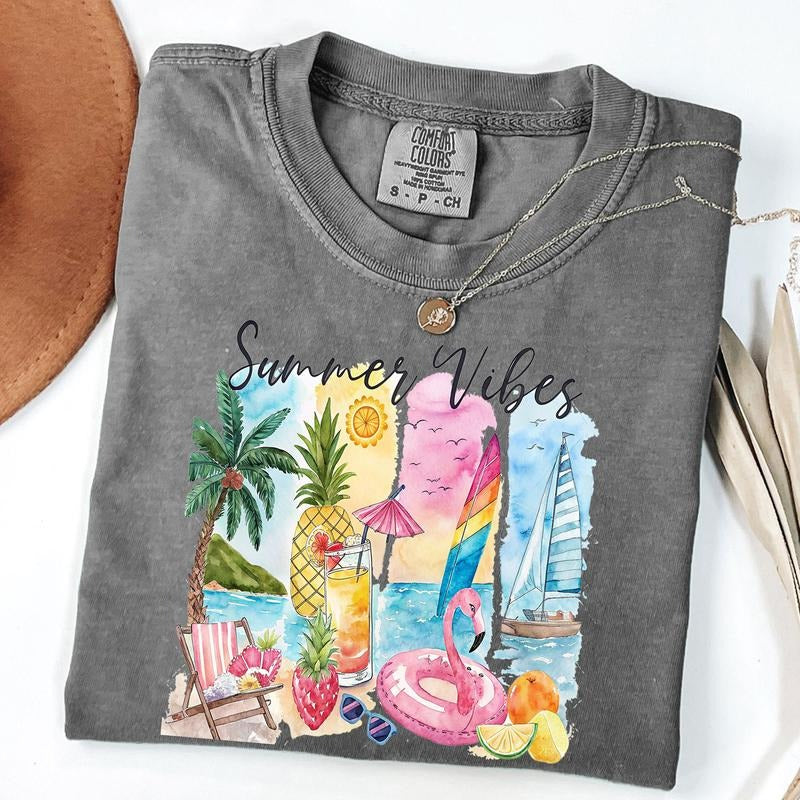 Comfort Colors Summer Vibes Tee, Retro Summer Shirt, Summer Vacartion T-Shirt Hoodie, Sweatshirt | WearSparks.com