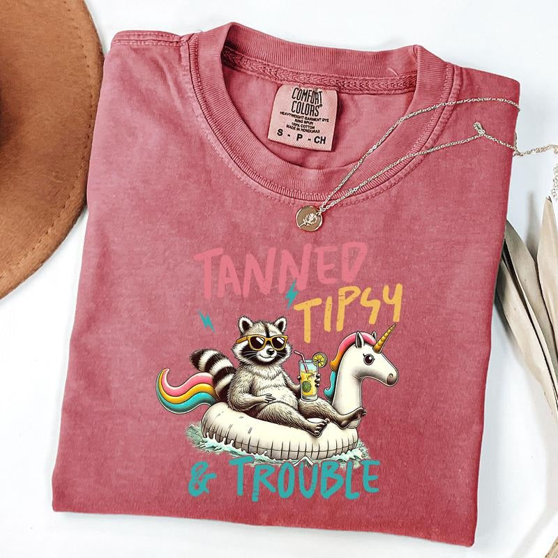 Comfort Colors Tanned And Tipsy Shirt, Funny Raccoon Tee, Retro Summer Shirt, Unisex T-Shirt Hoodie, Sweatshirt