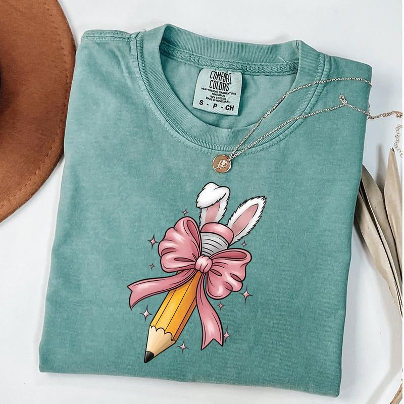 Comfort Colors Teacher Bunny Coquette Shirt, Pencil Bunny Shirt, Teacher Life Easter Shirt, Teacher Bunny T-Shirt, School...
