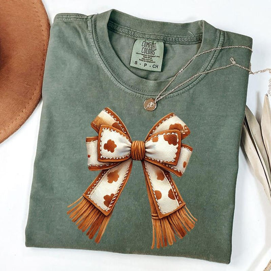 Comfort Colors Western Cowgirl T-Shirt, Cowhide Print Bow Shirt, Boho Tassel Tee, Cowgirl Vibes Shirt, Western...