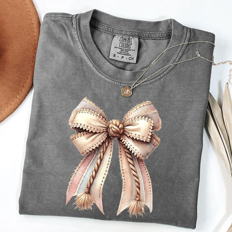 Comfort Colors Western Rope Bow Tee, Cowgirl Chic Shirt, Rustic tassel Bow Shirt, Neutral Boho T-shirt, Western Rodeo...