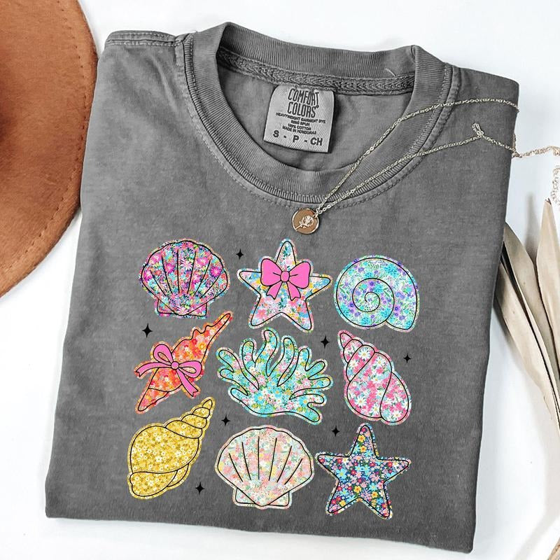 Comfort Colors Wildflower Seashell Clam Summer T-Shirt, Summer Beach T-Shirt, Wildflower Summer Shirt, Unisex T-Shirt...