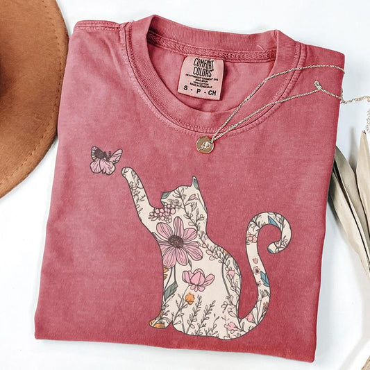 Comfort Colors Wildflowers Cat Tshirt, Cottagecore Kitten Tee, Cat Mom Gift, Floral Cat Tshirts, Unisex T-Shirt Hoodie,...