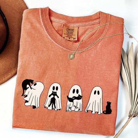 Comfort Colors Сute Ghost Cat Shirt, Ghost Cat T-shirt, Cat Lovers Shirt, Retro Ghost Halloween, Halloween Cat T-shirt,...