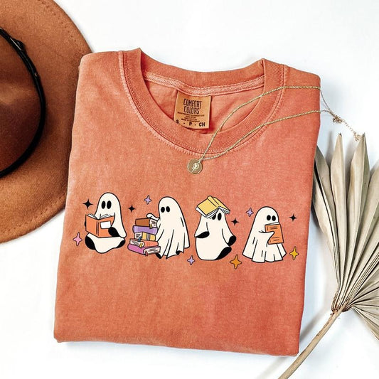 Comfort Colors Сute Little Ghosts Shirt, Reading Books Ghost Shirt, Books Lover Halloween Shirt, Womens Ghost Shirt,...