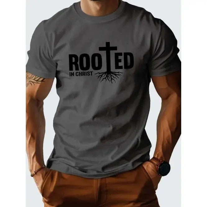 Comfortable ROOTED IN CHRIST Cotton Crew Neck T-Shirt - Soft Slight Stretch Regular Fit for Adult Men - All-Season Casual...