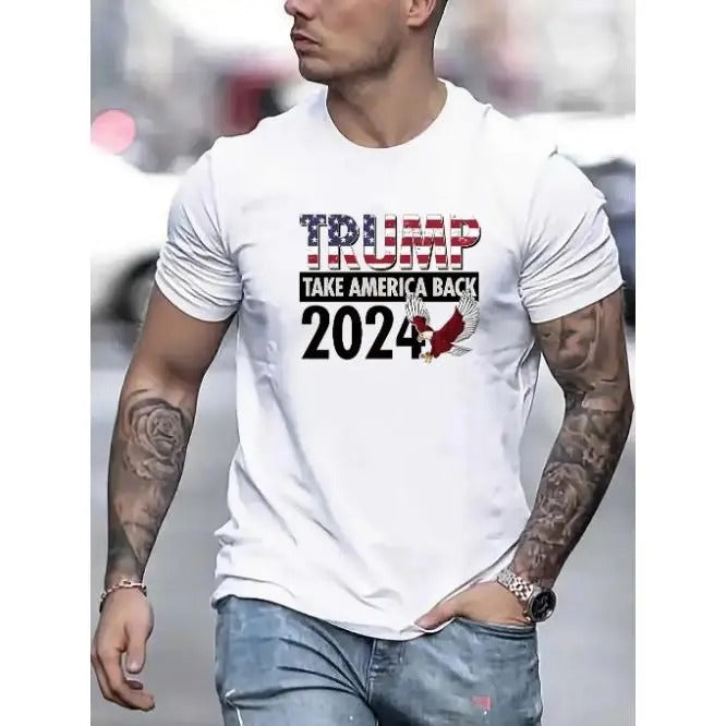 Comfortable and breathable high quality men's crewneck T-shirt, men's fashion trend flag Trump letters 2024 pattern...