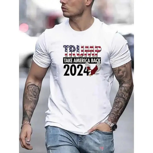 Comfortable and breathable high quality men's crewneck T-shirt, men's fashion trend flag Trump letters 2024 pattern...