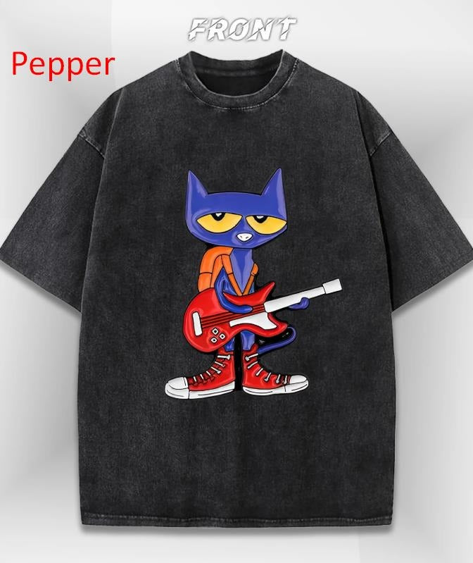 Cool Cat Print Men's Washed T-Shirt, Fun Vintage Graphic Tee, Y2K Style, American Street Fashion, Unisex Menswear...